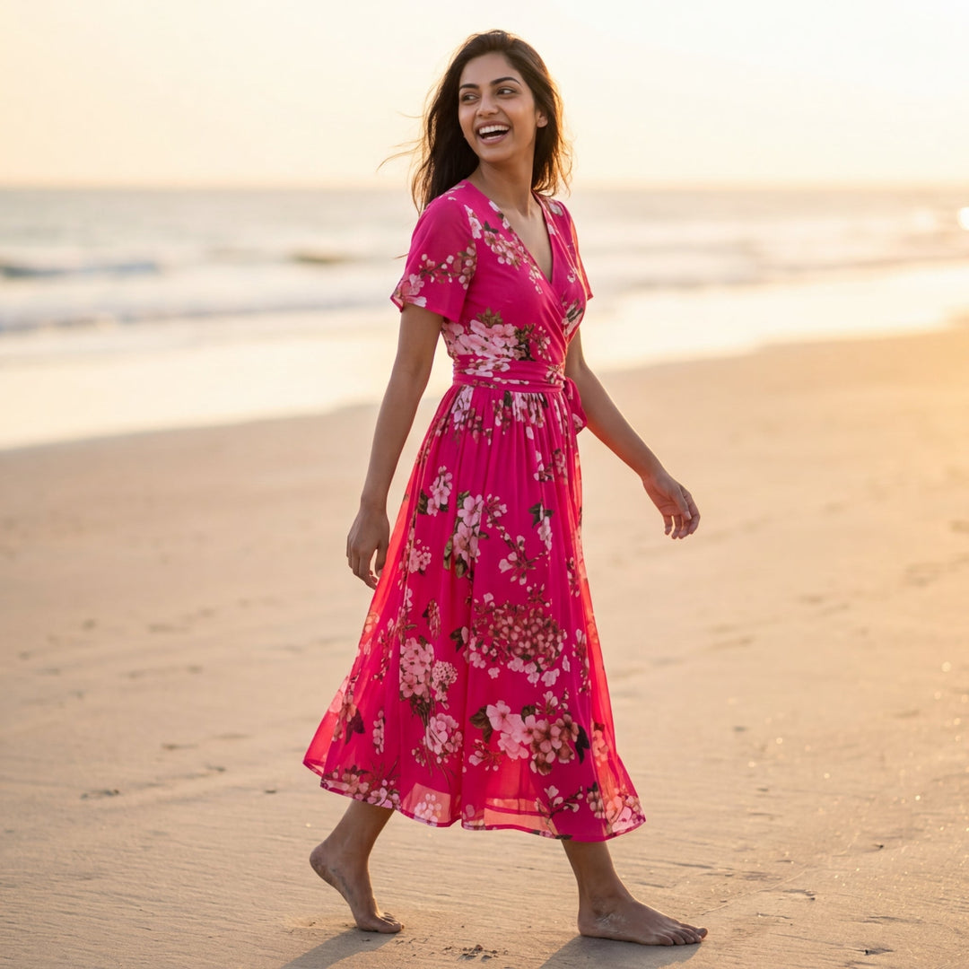 Dames Midi Jurk Roze met Bloemenprint Elegante Jurk met