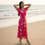 Ladies Midi Dress Pink with Floral Print Elegant Dress with