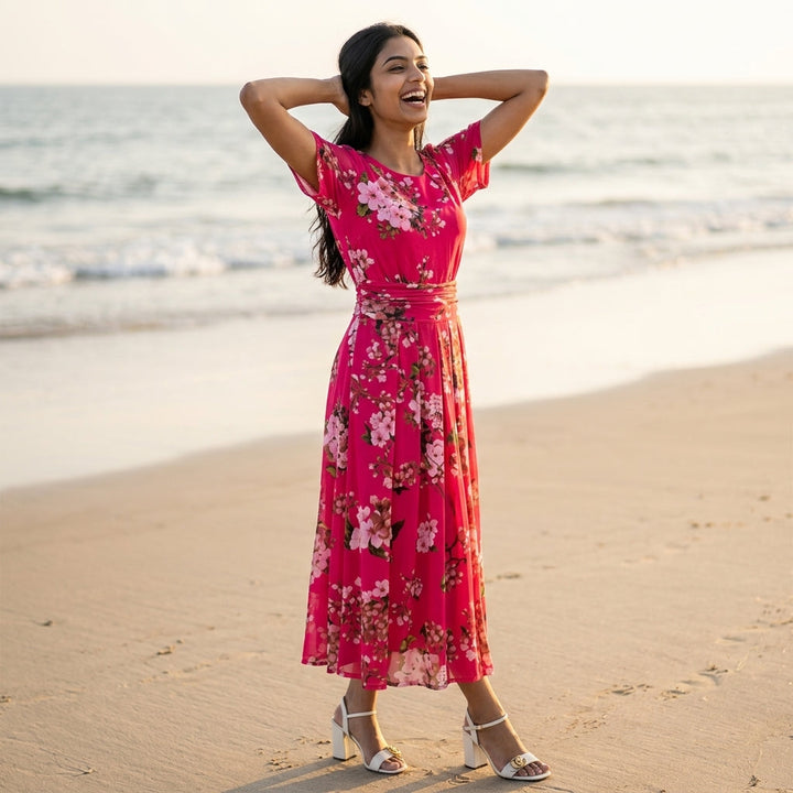 Dames Midi Jurk Roze met Bloemenprint Elegante Jurk met