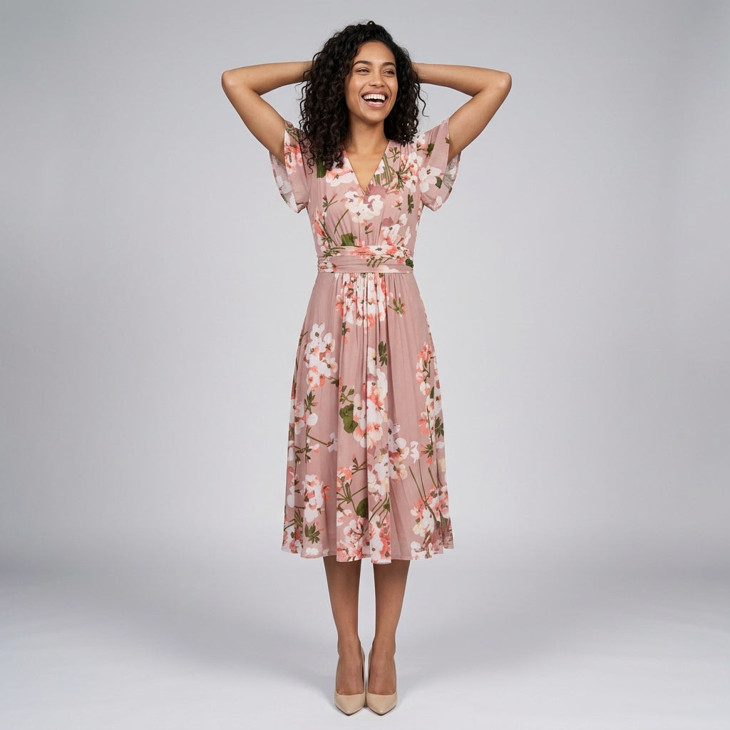 Dames Midi Jurk met Bloemenprint en V-Hals