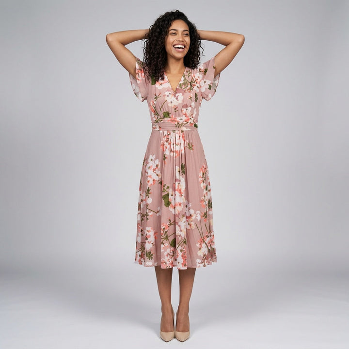 Dames Midi Jurk met Bloemenprint en V-Hals