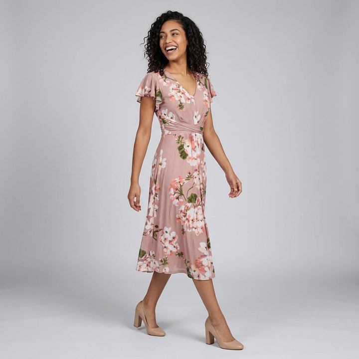 Dames Midi Jurk met Bloemenprint en V-Hals