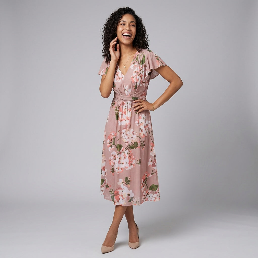 Women's Floral Print V-Neck Midi Dress