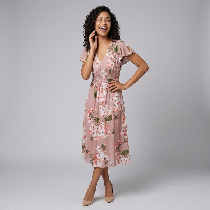 Dames Midi Jurk met Bloemenprint en V-Hals