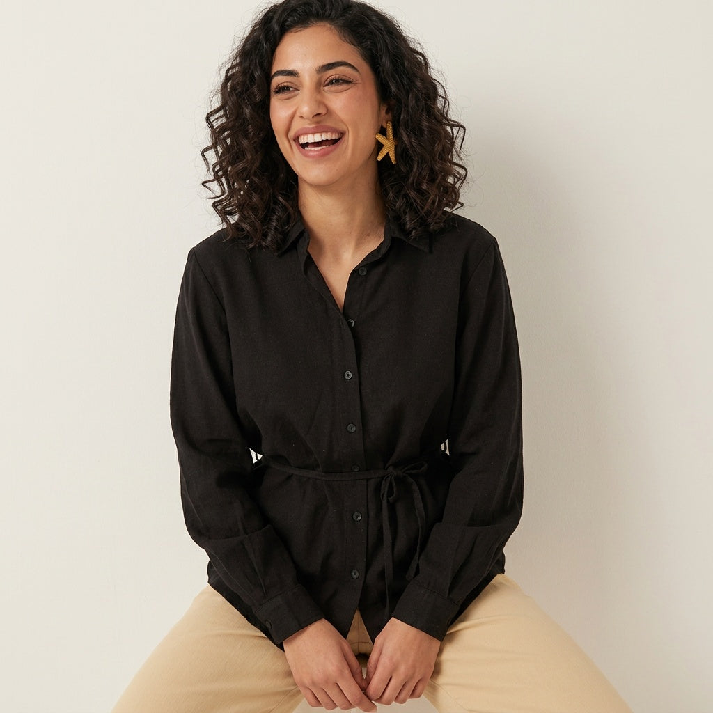 Zwarte Dames Blouse met Knopen en Tailleband
