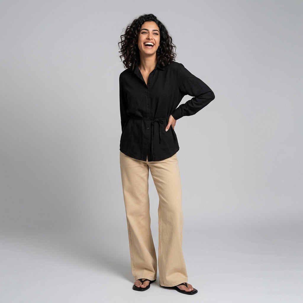 Zwarte Dames Blouse met Knopen en Tailleband