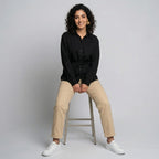 Zwarte Dames Blouse met Knopen en Tailleband