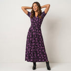 Women's Midi Wrap Dress Black with Purple Dots