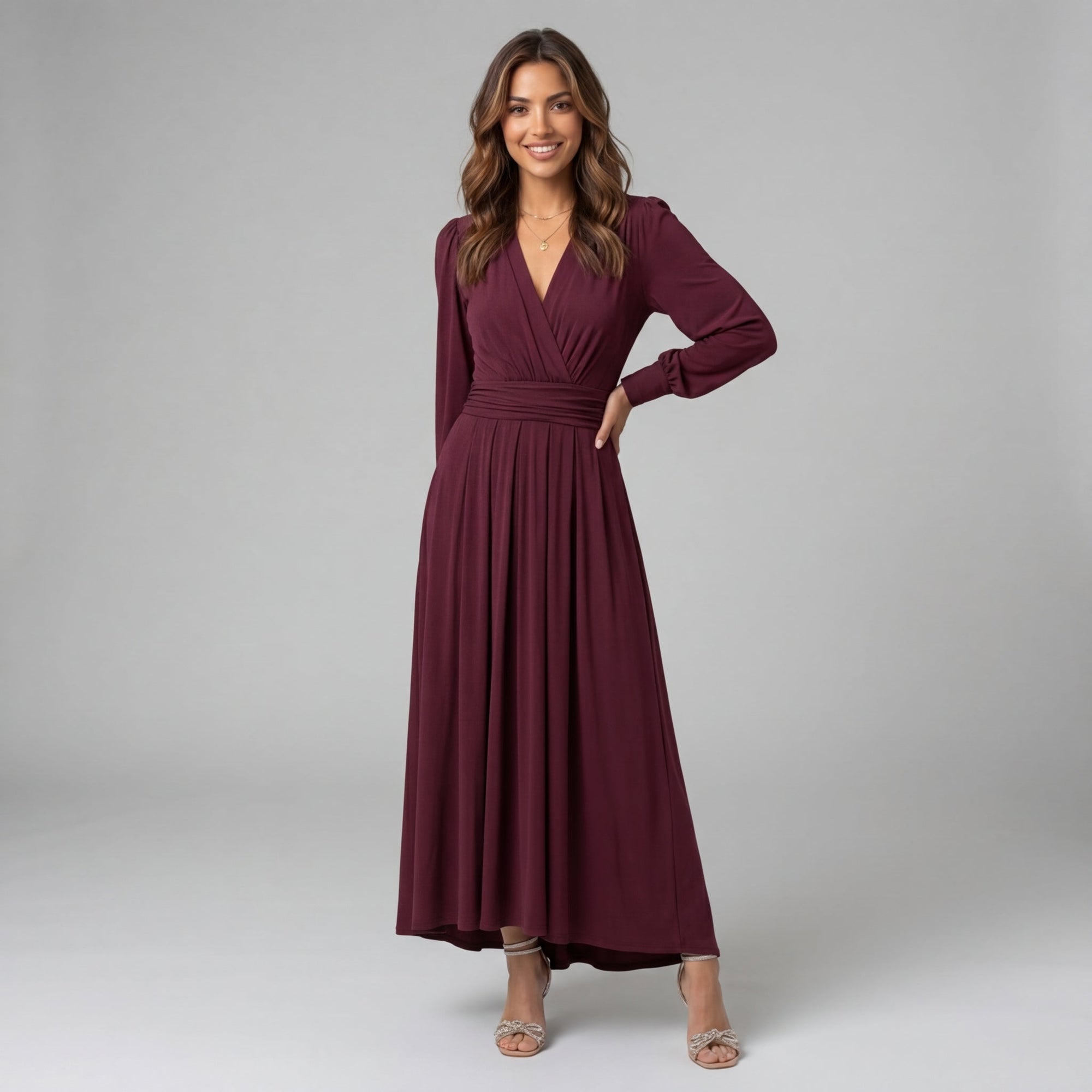 Women's Maxi Wrap Dress with Long Sleeves Elegant Stretch Dress