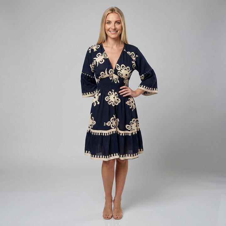 Dames Jurk met Print – Elegante Midi Jurk met V-hals en 3/4 Mouwen