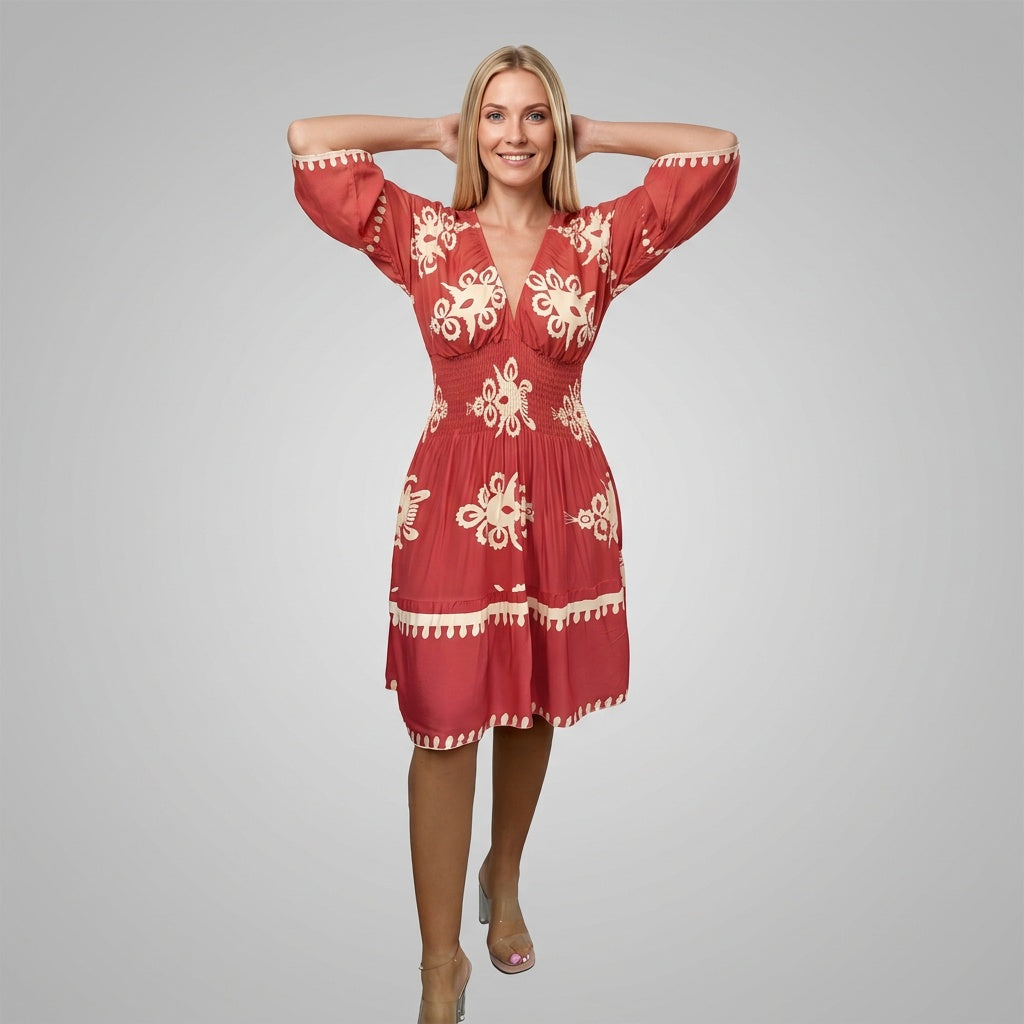 Dames Jurk met Print – Elegante Midi Jurk met V-hals en 3/4 Mouwen