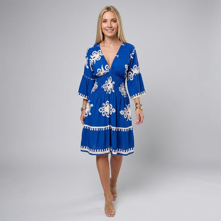 Dames Jurk met Print – Elegante Midi Jurk met V-hals en 3/4 Mouwen