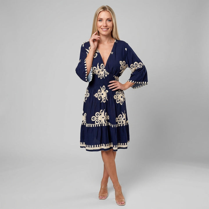 Dames Jurk met Print – Elegante Midi Jurk met V-hals en 3/4 Mouwen