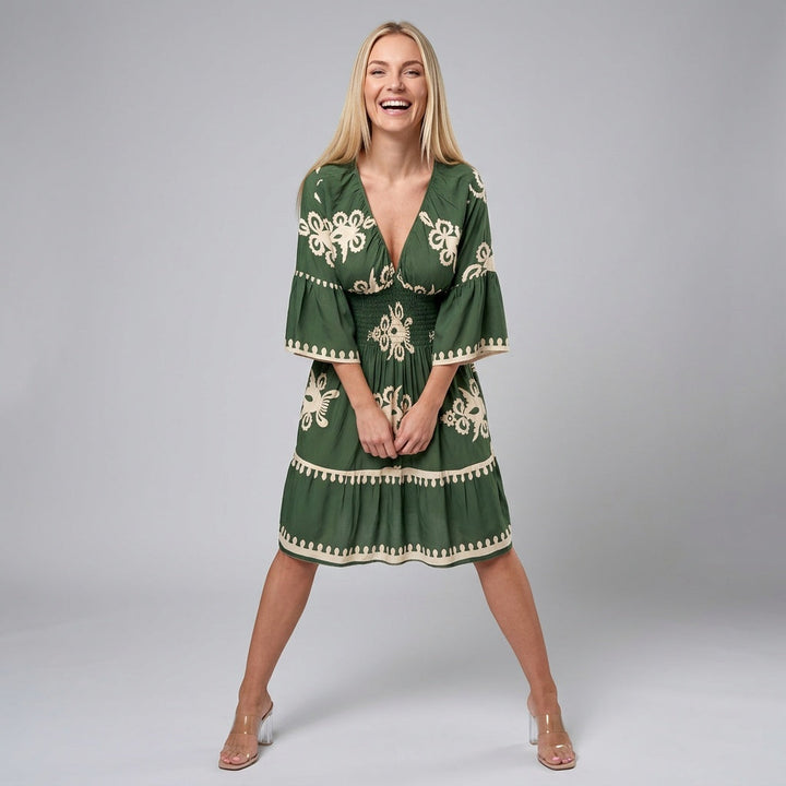 Dames Jurk met Print – Elegante Midi Jurk met V-hals en 3/4 Mouwen