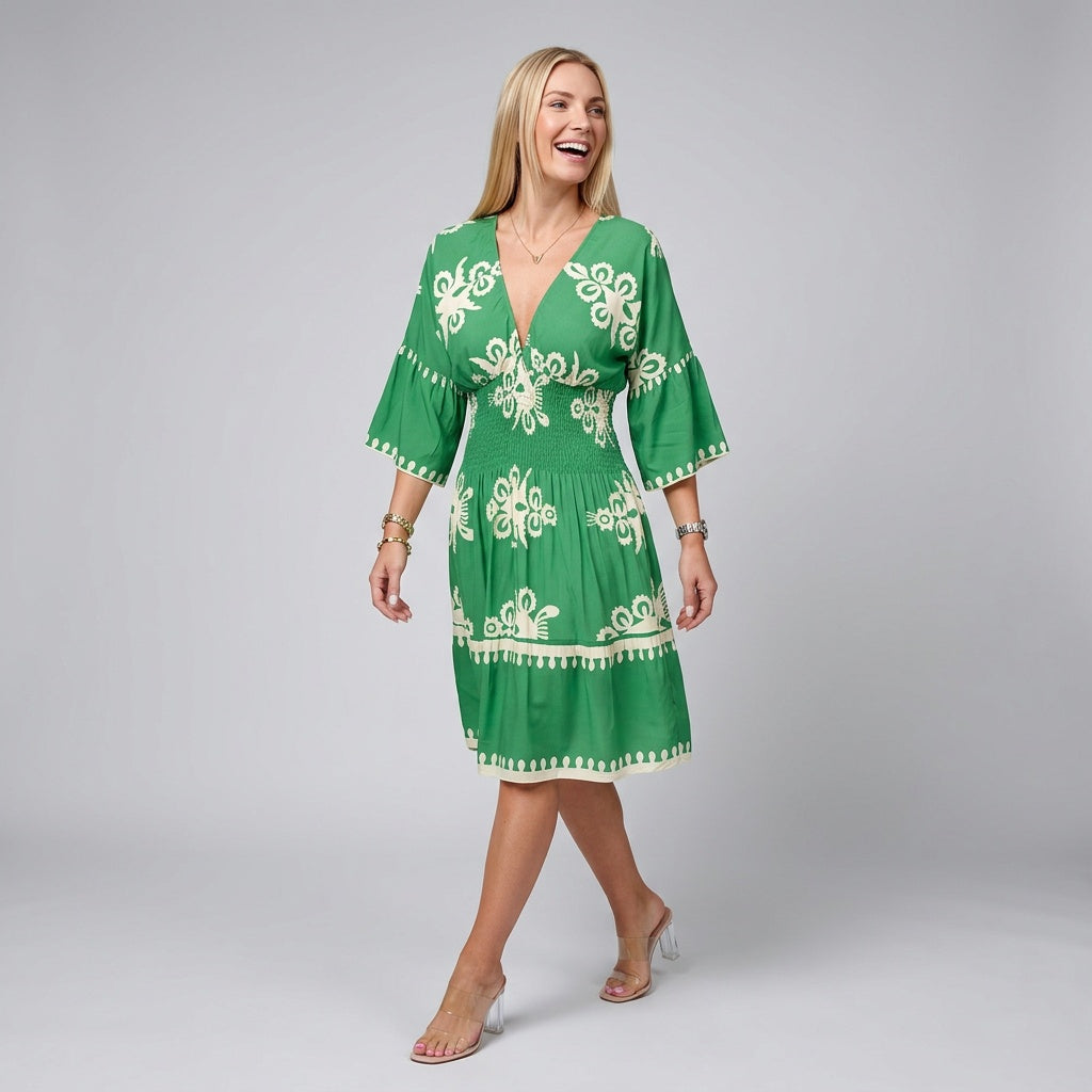 Dames Jurk met Print – Elegante Midi Jurk met V-hals en 3/4 Mouwen
