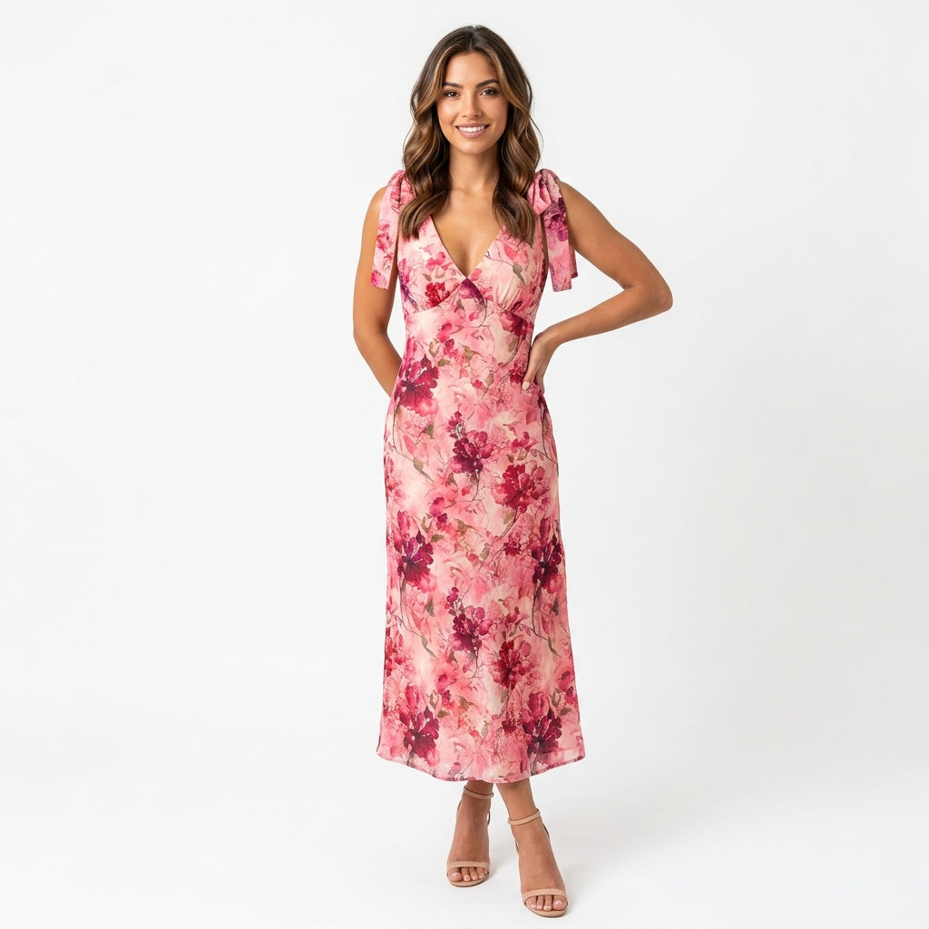 Dames Midi Jurk met Bloemenprint en Schouderbandjes