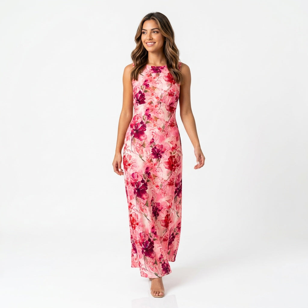 Women's Floral Print Midi Dress with Shoulder Straps