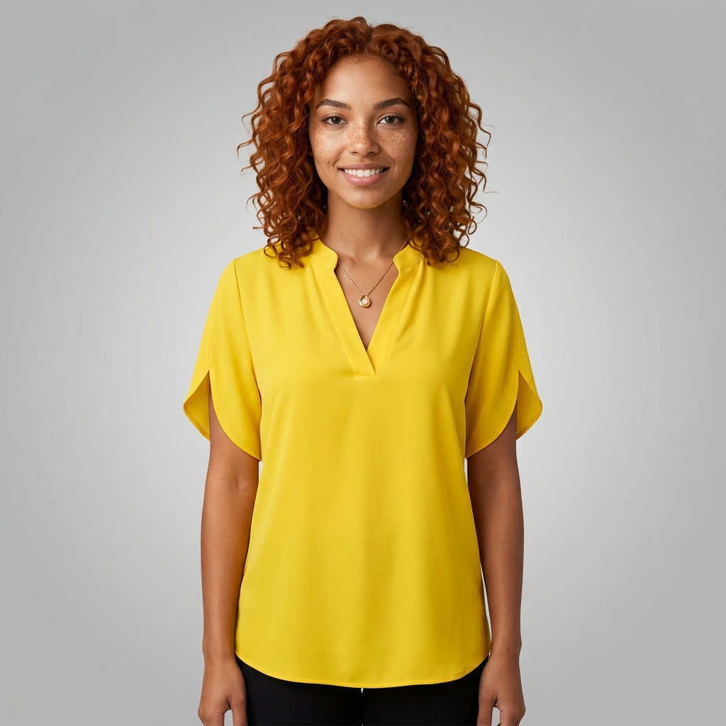 Fuchsia Dames Blouse met Korte Mouwen en V-Hals