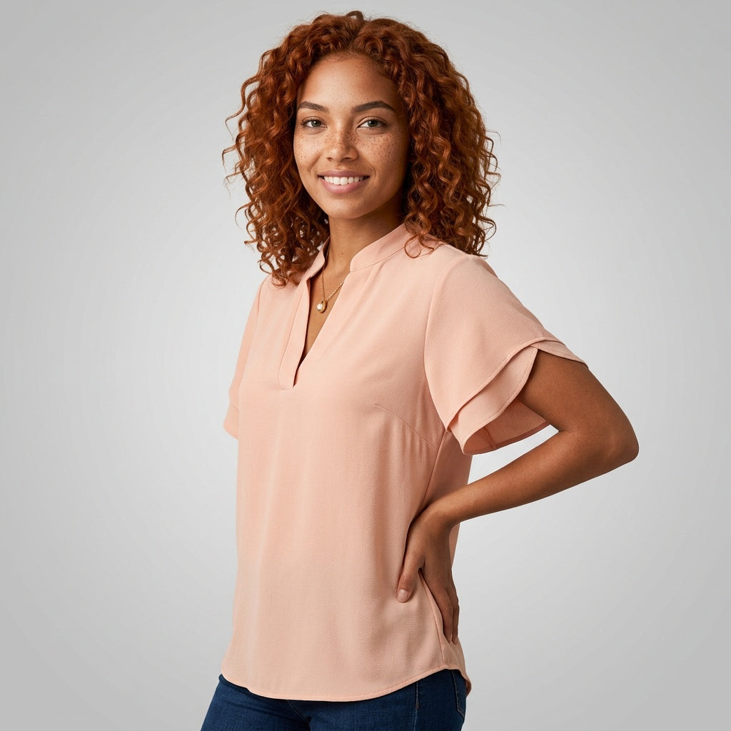 Fuchsia Dames Blouse met Korte Mouwen en V-Hals
