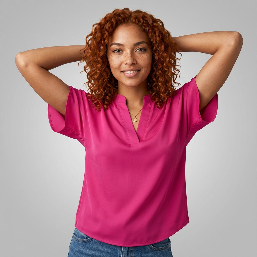 Fuchsia Dames Blouse met Korte Mouwen en V-Hals