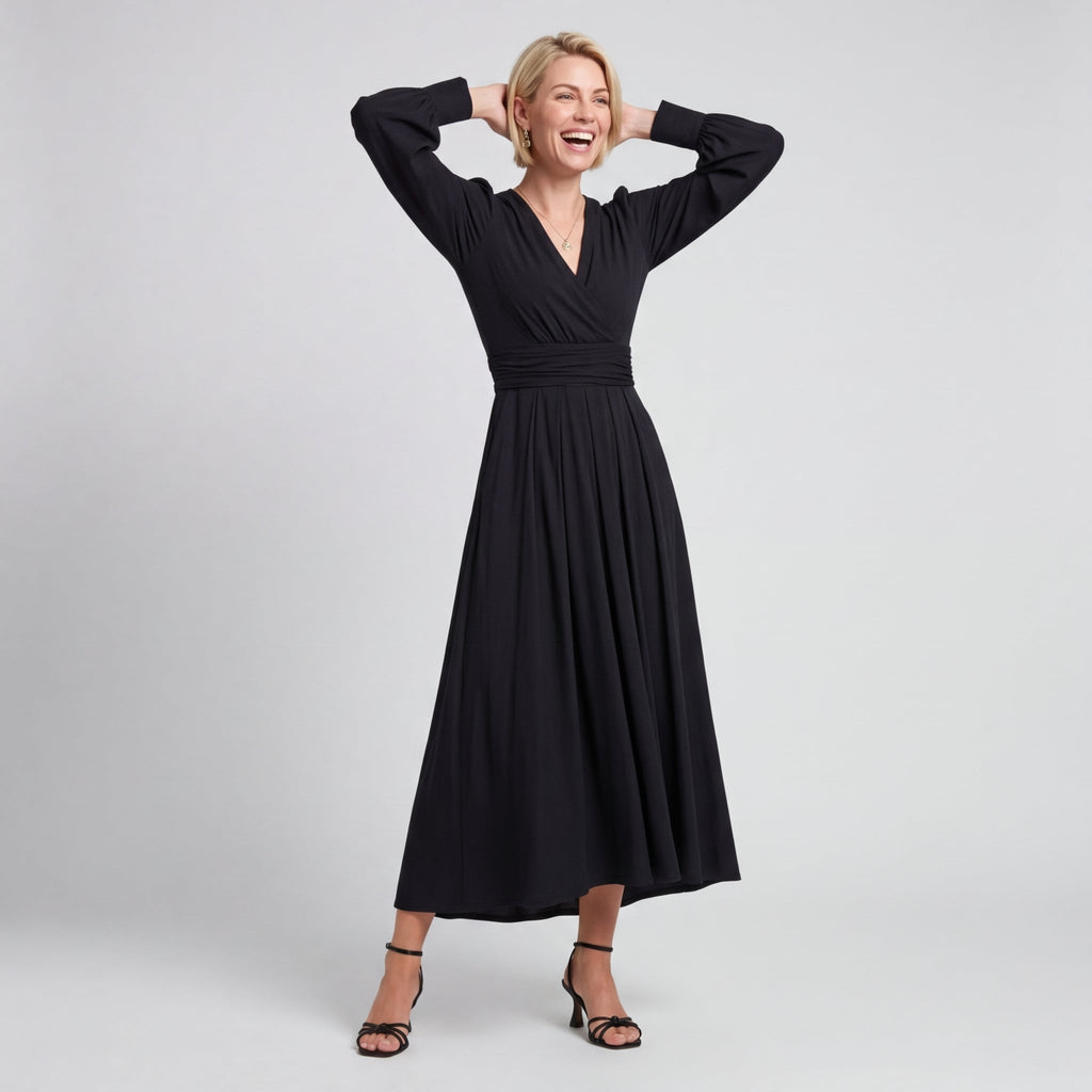 Women's Midi Wrap Dress Black Elegant Dress