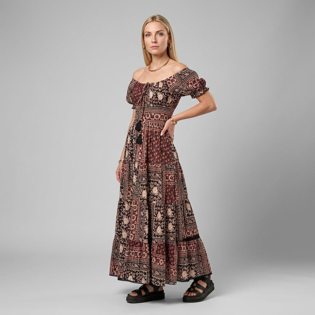 Dames Bohemian Maxi Jurk Patchwork Lange Jurk met