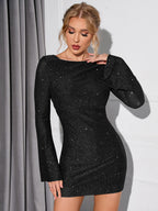 Zwarte Glitter Mini Jurk Dames met Flared Mouwen